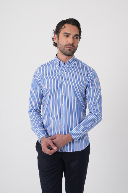 Uzun Kollu Paşa Yaka Regular Fit Erkek Mavi Cepli Gömlek - 2