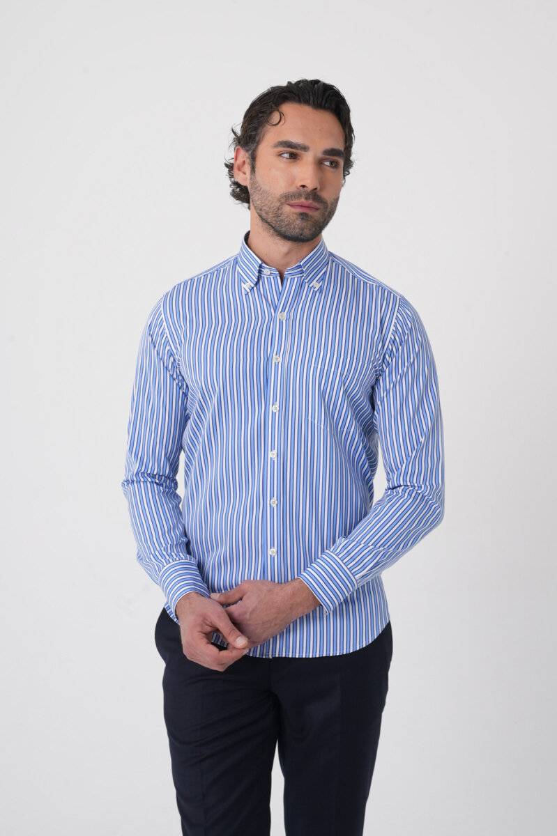 Uzun Kollu Paşa Yaka Regular Fit Erkek Mavi Cepli Gömlek - 2