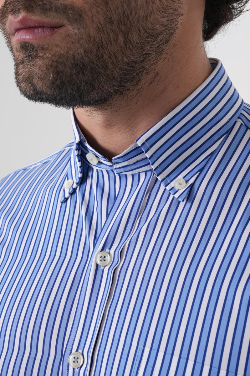 Uzun Kollu Paşa Yaka Regular Fit Erkek Mavi Cepli Gömlek - 6