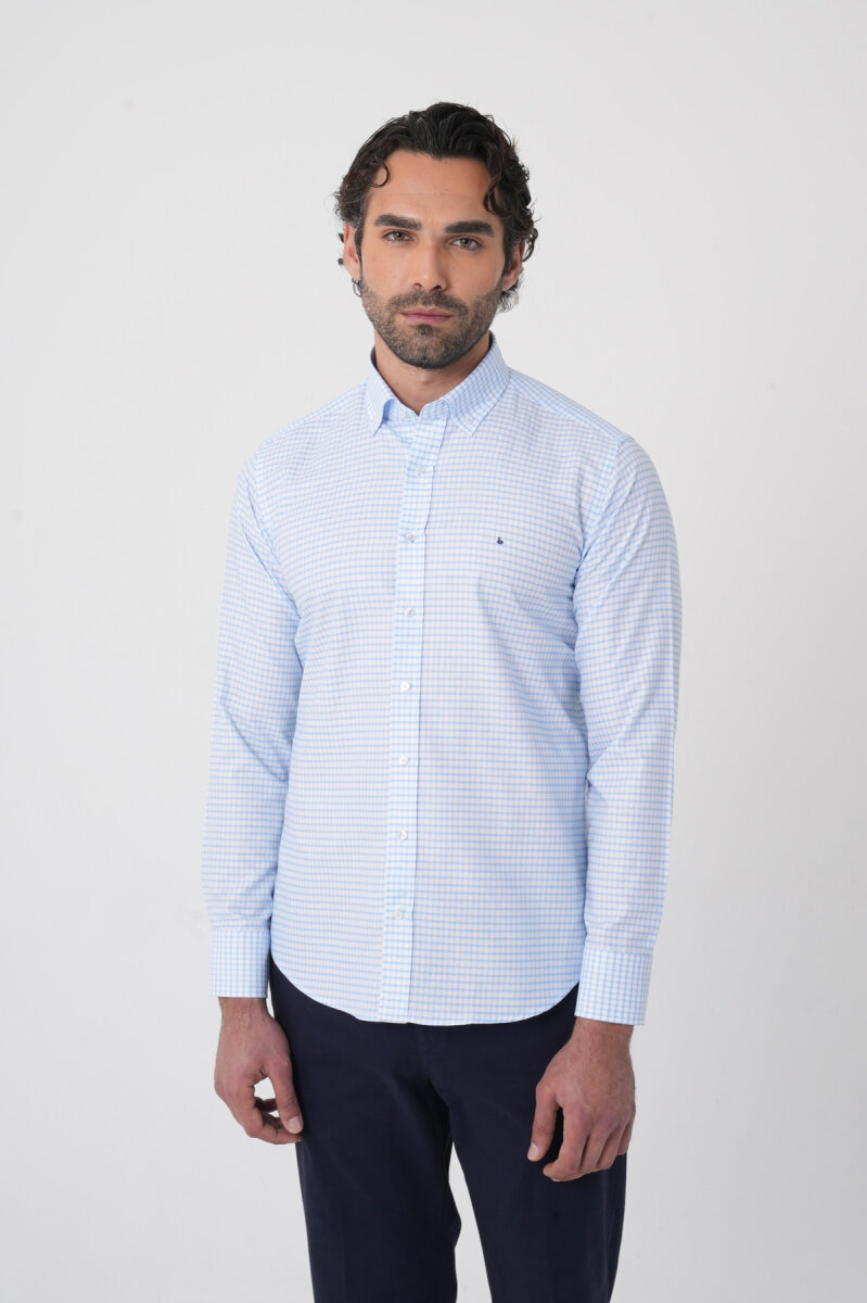 Uzun Kollu Paşa Yaka Regular Fit Erkek Mavi Gömlek - 1