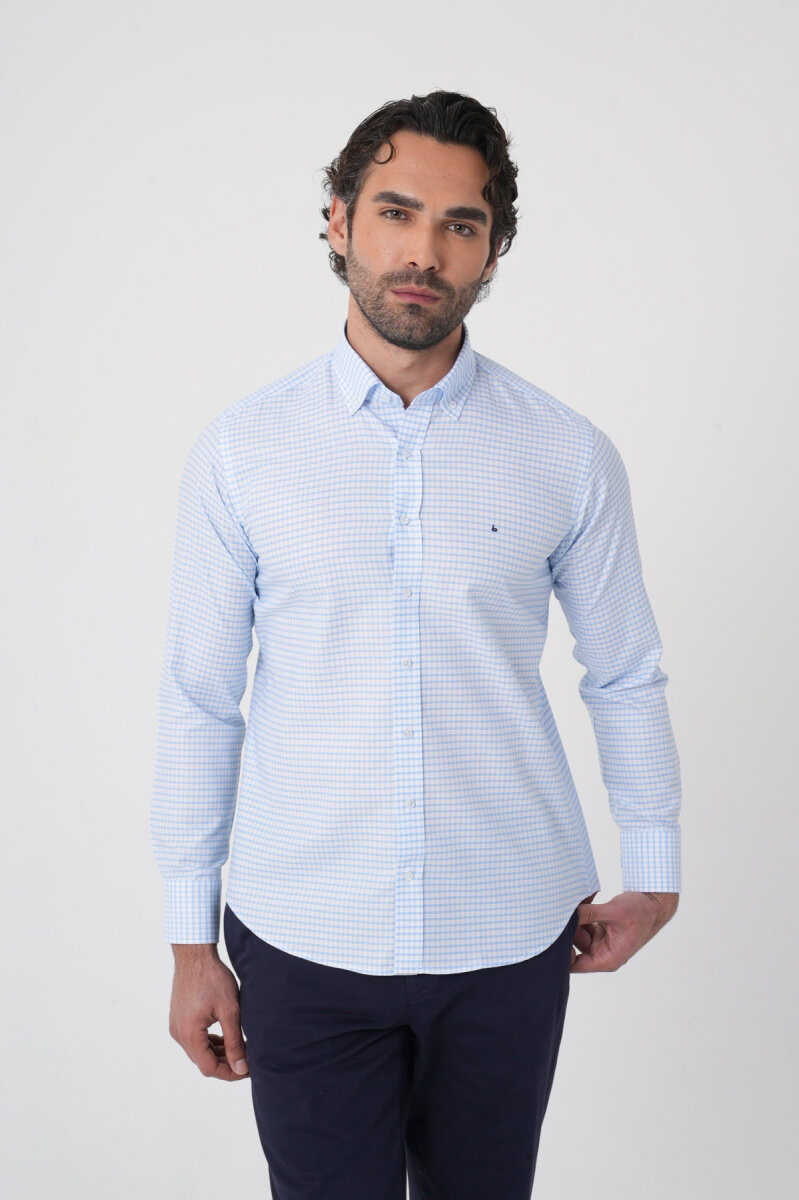 Uzun Kollu Paşa Yaka Regular Fit Erkek Mavi Gömlek - 2