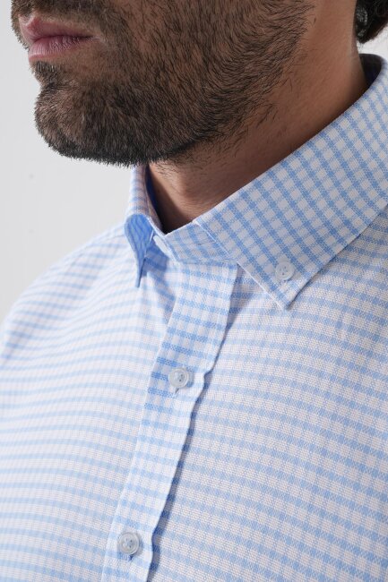 Uzun Kollu Paşa Yaka Regular Fit Erkek Mavi Gömlek - 5