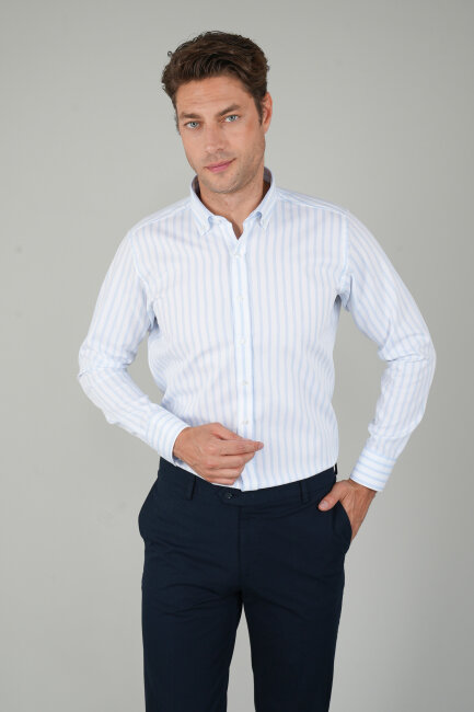 Uzun Kollu Regular Fit Çizgili Erkek Mavi Gömlek