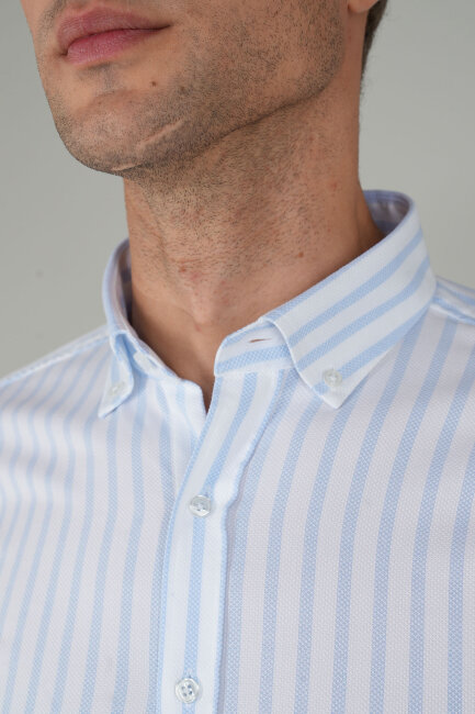 Uzun Kollu Regular Fit Çizgili Erkek Mavi Gömlek - 4