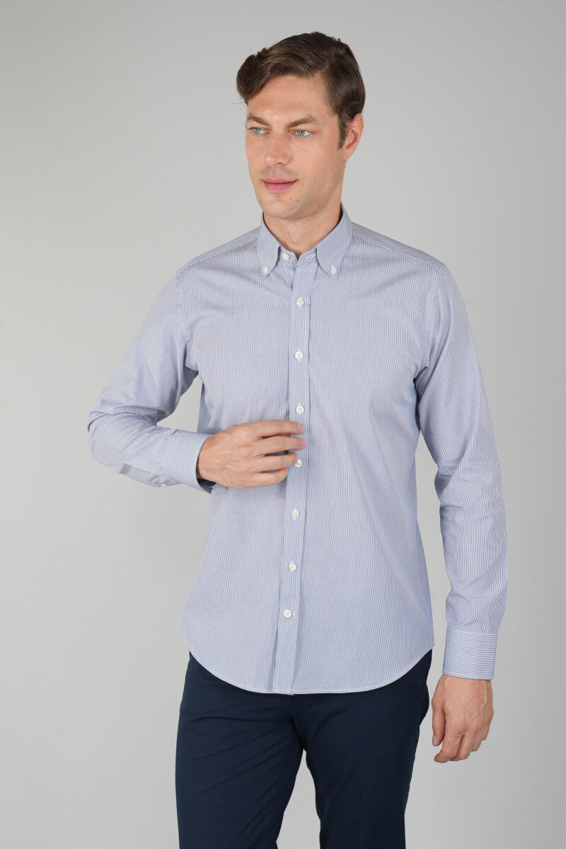 Uzun Kollu Regular Fit Erkek Çizgili Lacivert Gömlek - 1