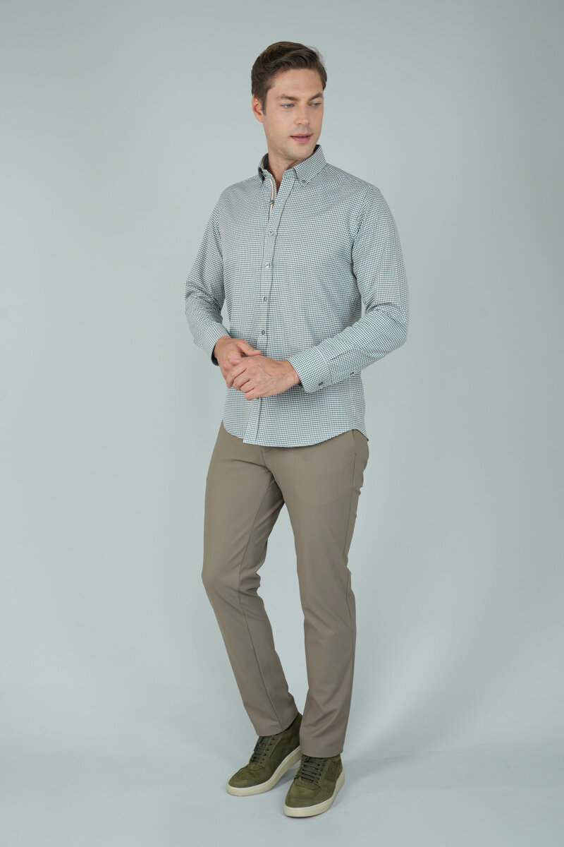 Uzun Kollu Regular Fit Yeşil Çizgili Erkek Pamuk Gömlek - 5