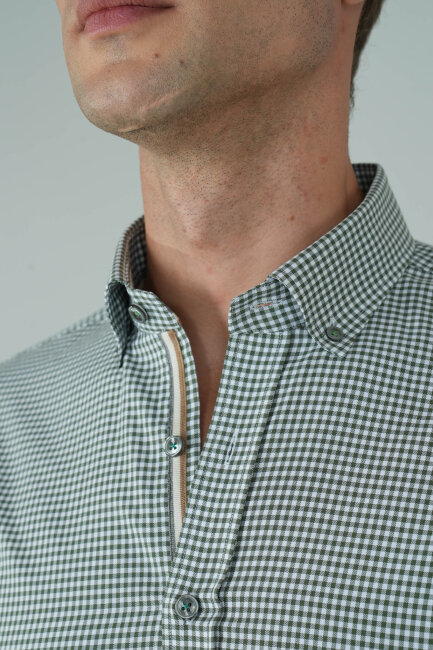 Uzun Kollu Regular Fit Yeşil Çizgili Erkek Pamuk Gömlek - 3