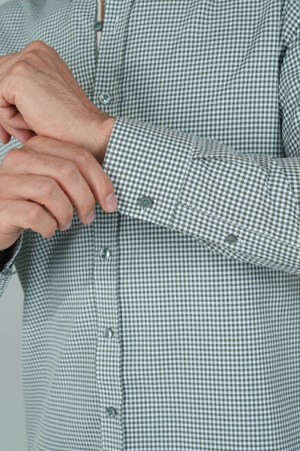 Uzun Kollu Regular Fit Yeşil Çizgili Erkek Pamuk Gömlek - 4