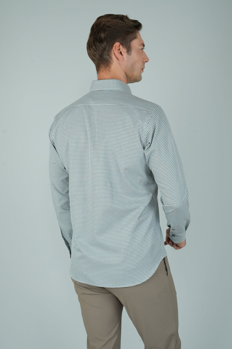 Uzun Kollu Regular Fit Yeşil Çizgili Erkek Pamuk Gömlek - 2