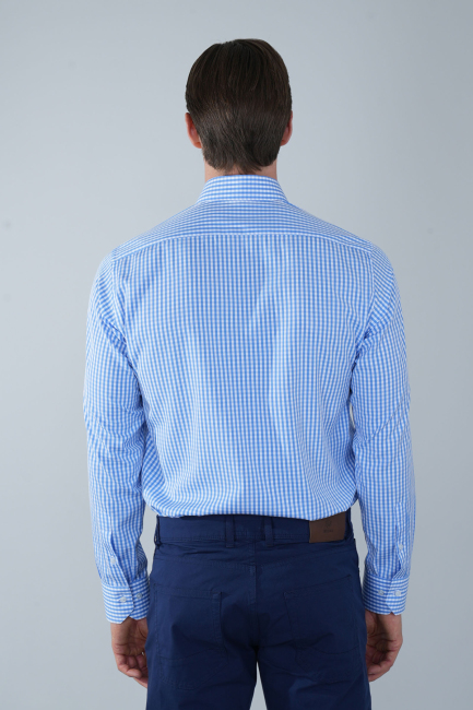 Uzun Kollu Tek Cep Mavi Pamuk Erkek Gömlek - 2