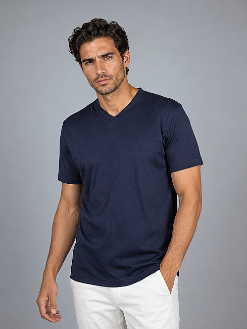 Lacivert V Yaka Basic T-shirt