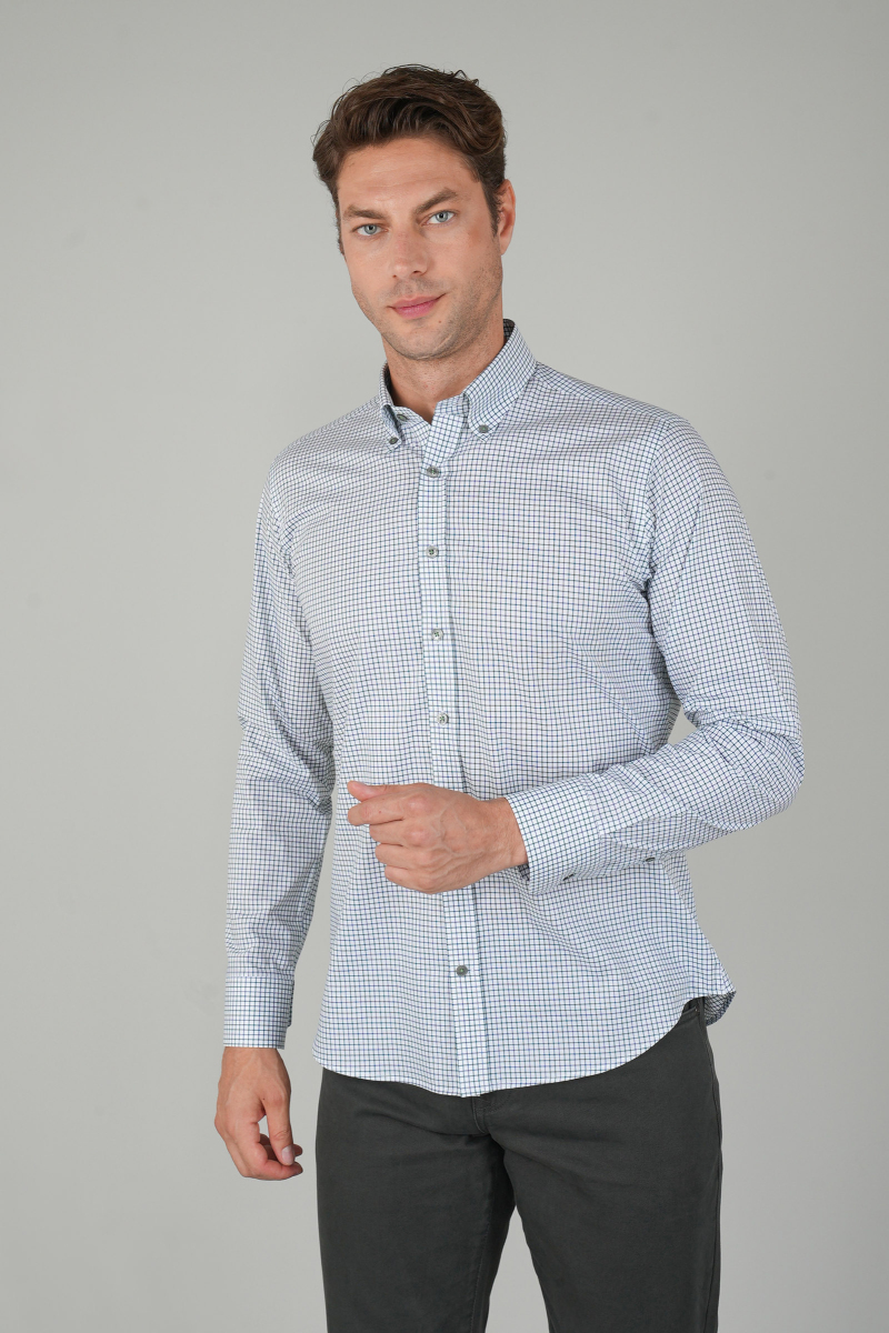 Yeşil Kareli Regular Fit Erkek Pamuk Gömlek