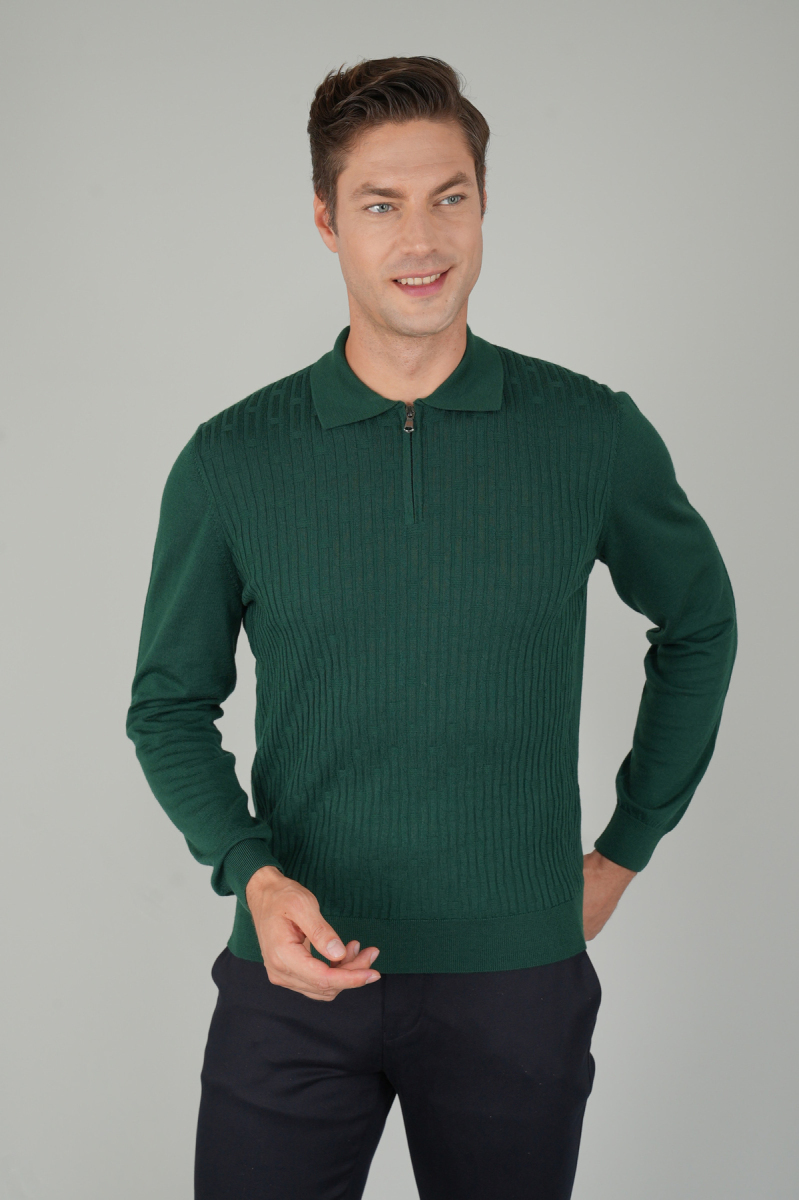 Yeşil Polo Yaka Fermuarlı Ön Jakar Yün Erkek Triko - 1