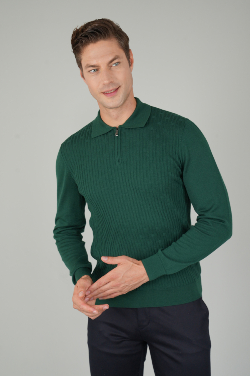Yeşil Polo Yaka Fermuarlı Ön Jakar Yün Erkek Triko - 4
