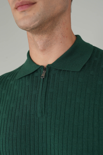 Yeşil Polo Yaka Fermuarlı Ön Jakar Yün Erkek Triko - 3