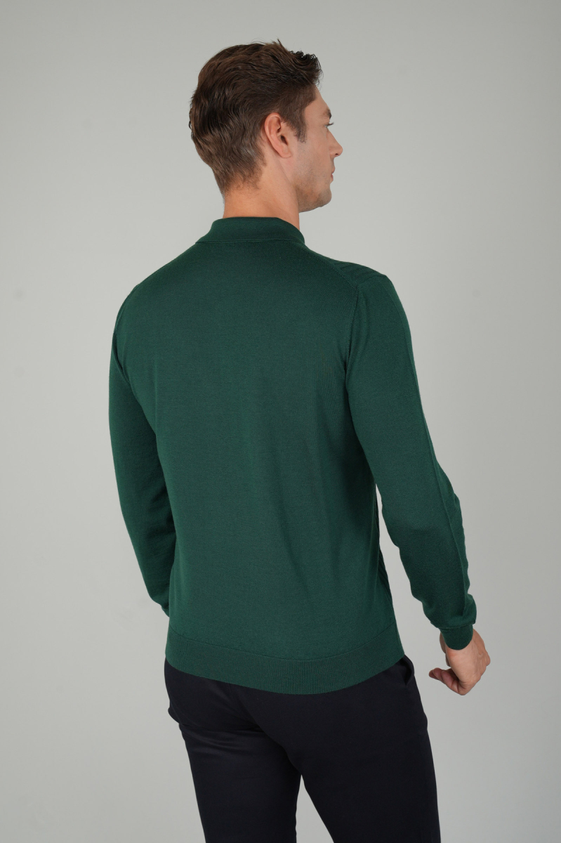 Yeşil Polo Yaka Fermuarlı Ön Jakar Yün Erkek Triko - 2